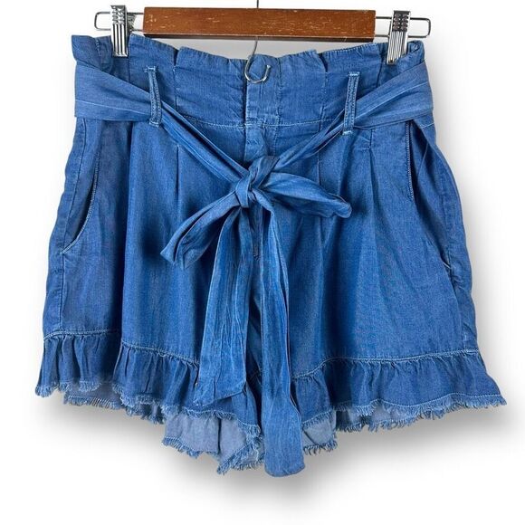Rocks & Indigo Size 28 High Waist Paper Pag Shorts Blue Ruffled Chambray Western - Picture 1 of 9